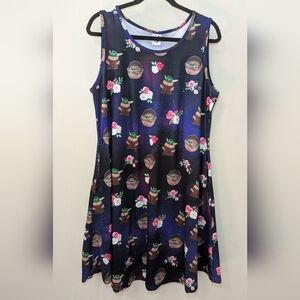 MM Baby Yoda Dress Purple Fit & Flare Floral Grogu Mandalorian Women's Size L*